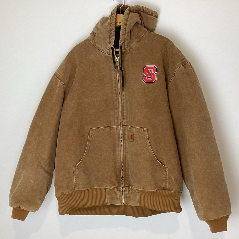 Carhartt NC State Jacket Men's 2XL‎ Brown Canvas Workwear Lined Hooded Zip Up